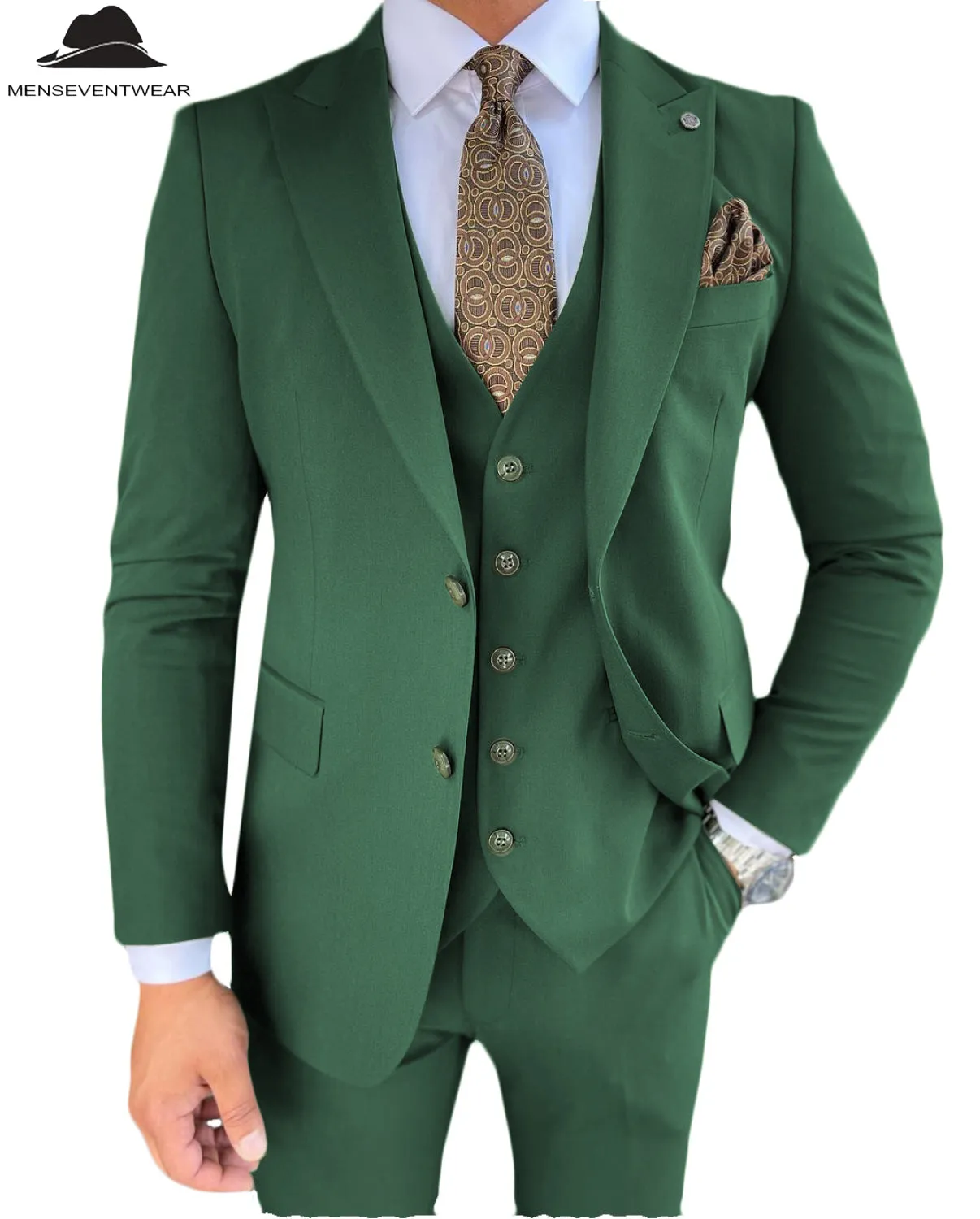3 Pieces Mens Suit Slim Fit Solid Peak Lapel Tuxedos Groomsmen (Blazer vest Pants)