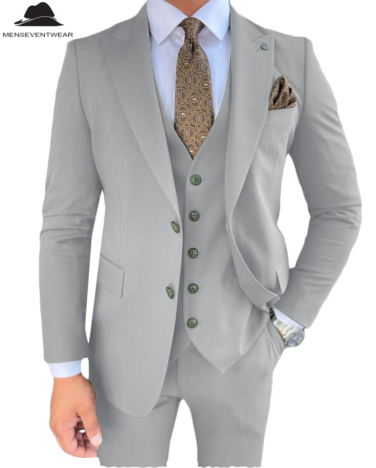 3 Pieces Mens Suit Slim Fit Solid Peak Lapel Tuxedos Groomsmen (Blazer vest Pants)