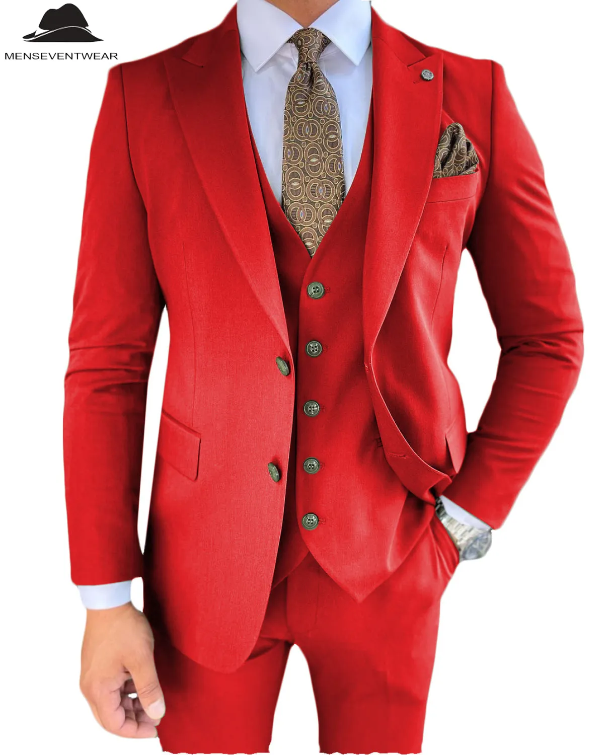 3 Pieces Mens Suit Slim Fit Solid Peak Lapel Tuxedos Groomsmen (Blazer vest Pants)