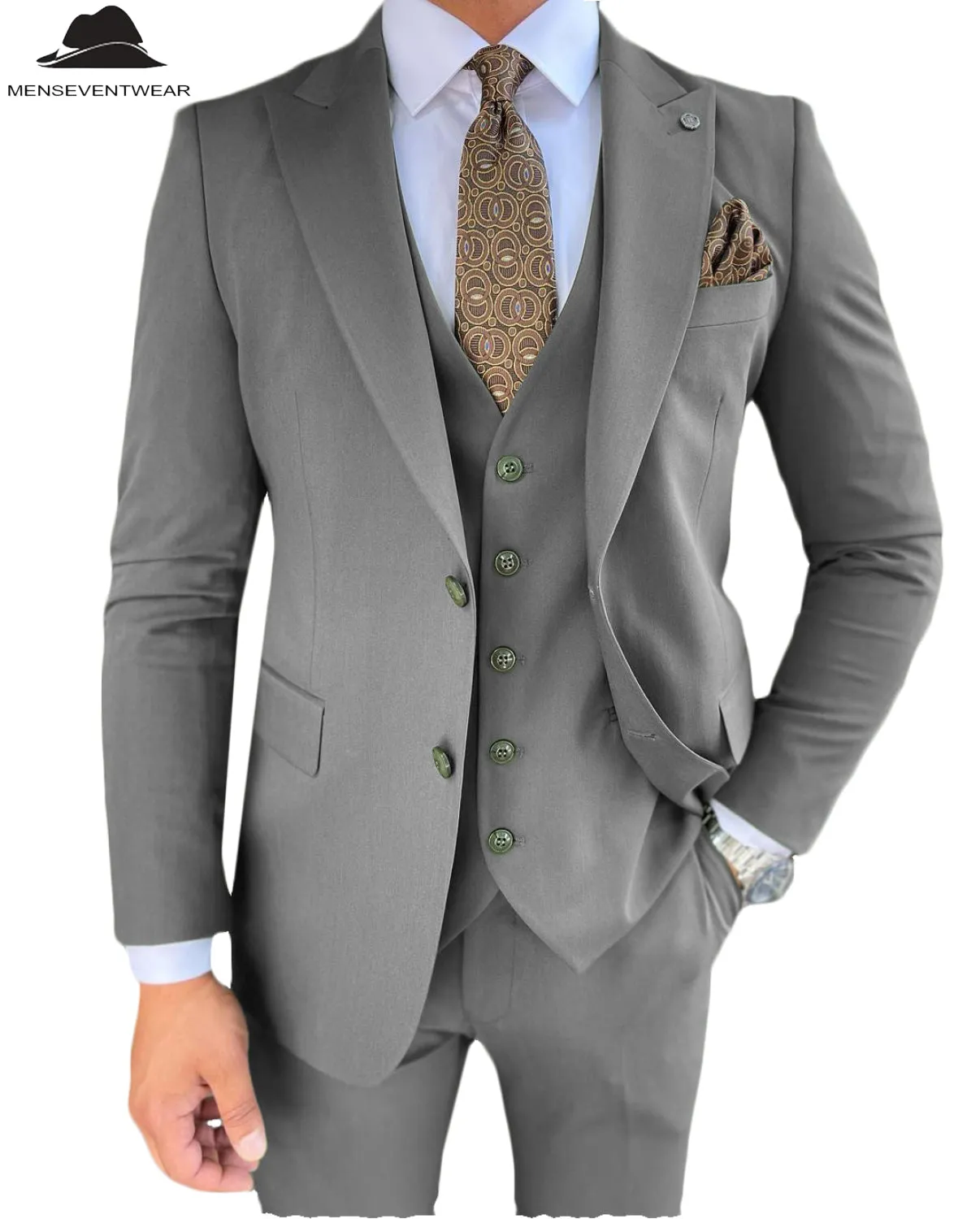 3 Pieces Mens Suit Slim Fit Solid Peak Lapel Tuxedos Groomsmen (Blazer vest Pants)