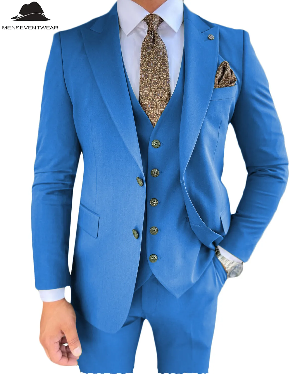 3 Pieces Mens Suit Slim Fit Solid Peak Lapel Tuxedos Groomsmen (Blazer vest Pants)