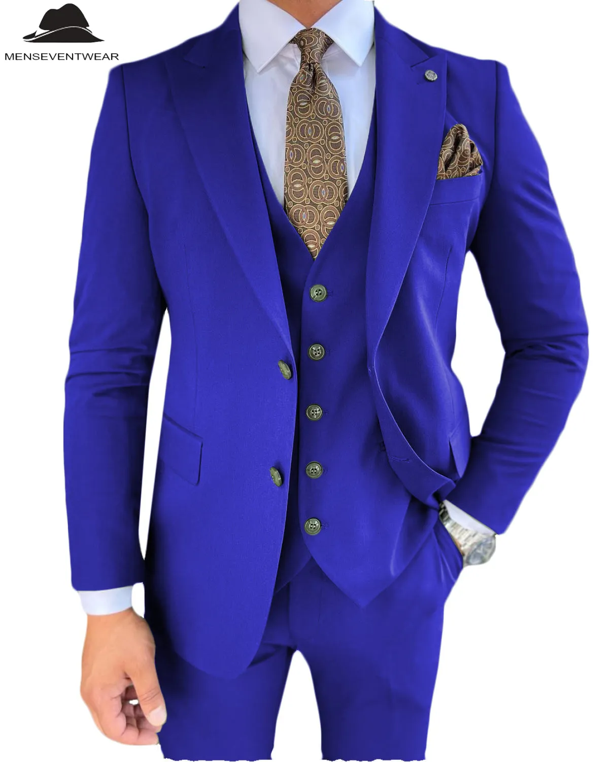 3 Pieces Mens Suit Slim Fit Solid Peak Lapel Tuxedos Groomsmen (Blazer vest Pants)