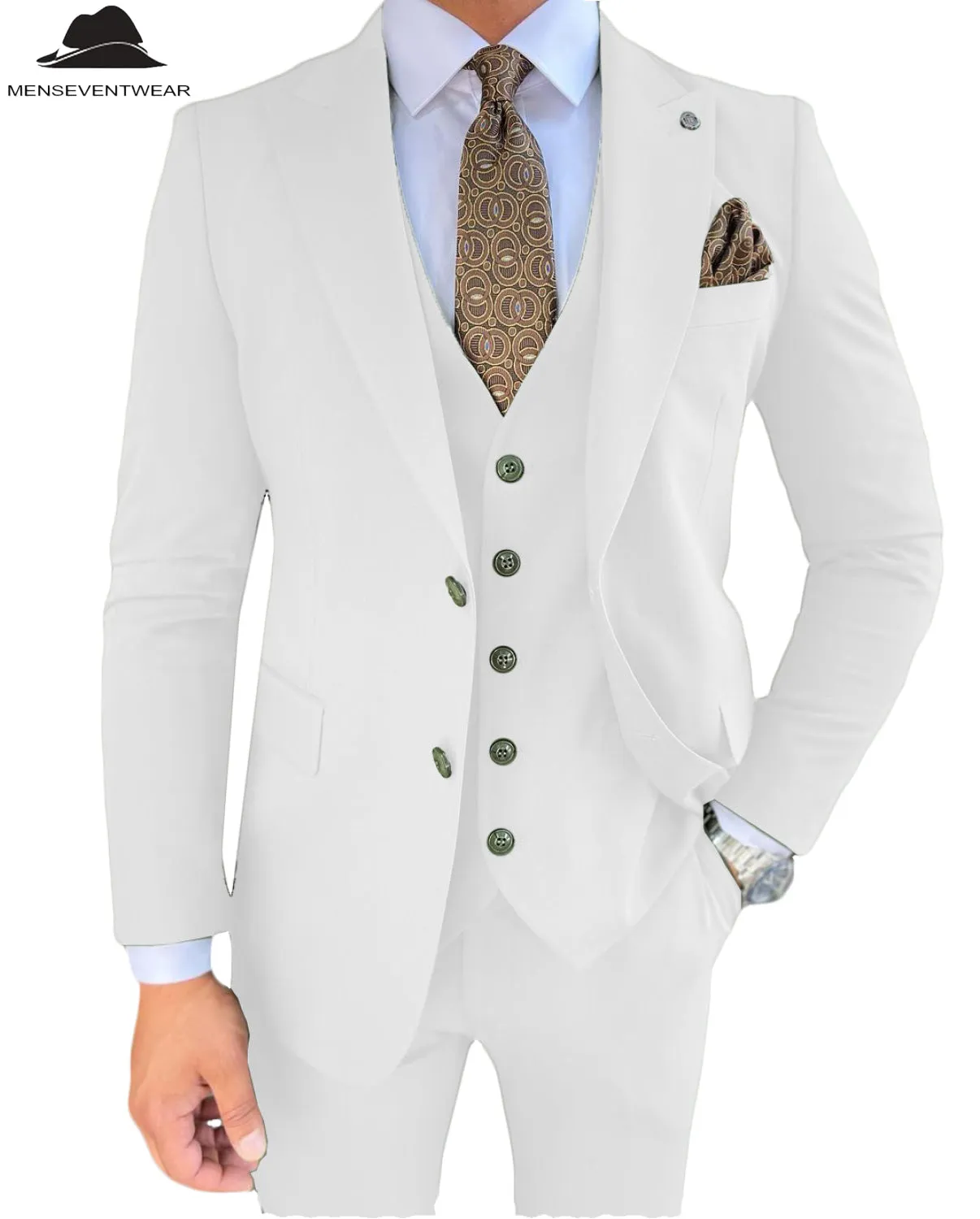 3 Pieces Mens Suit Slim Fit Solid Peak Lapel Tuxedos Groomsmen (Blazer vest Pants)