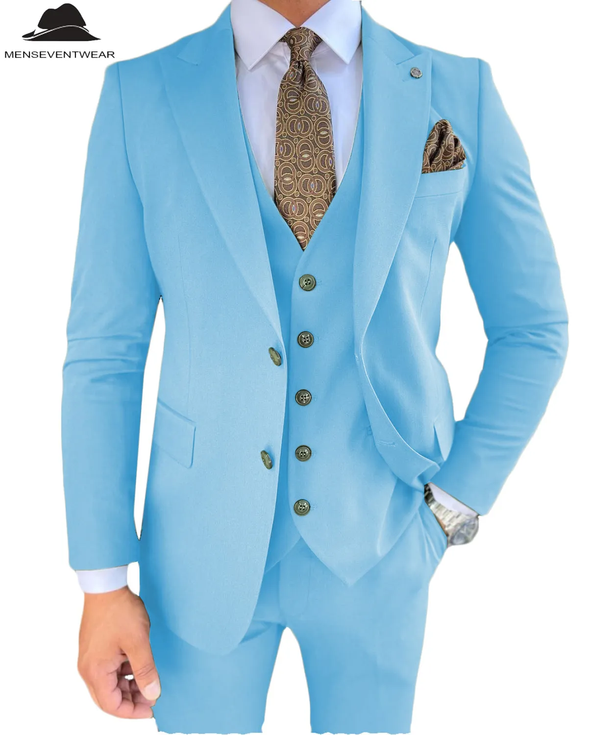 3 Pieces Mens Suit Slim Fit Solid Peak Lapel Tuxedos Groomsmen (Blazer vest Pants)