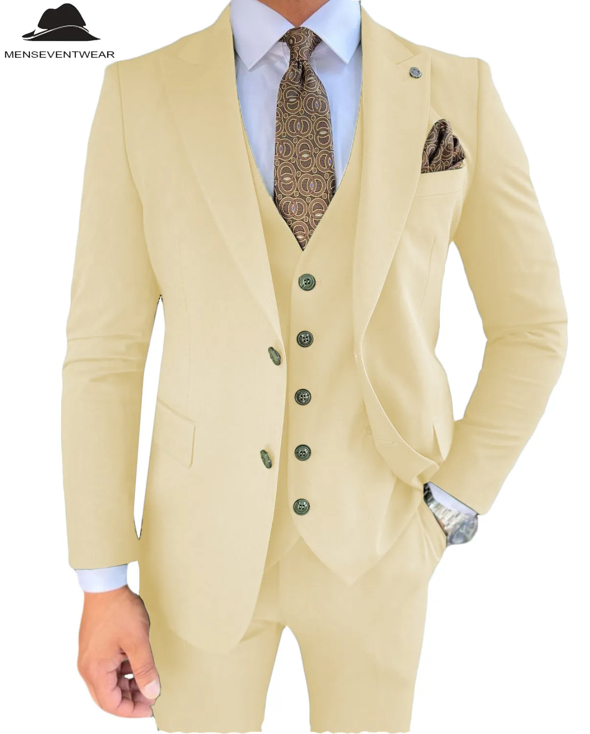3 Pieces Mens Suit Slim Fit Solid Peak Lapel Tuxedos Groomsmen (Blazer vest Pants)