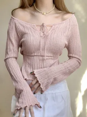 Alena New Elegant One-Shoulder V-Neck Lace-Up Shoulder-Length Long-Sleeved Sweet Fungus-Trimmed Sweater