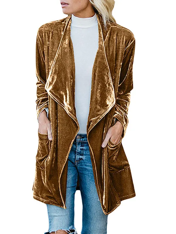 Alma Women's Casual Gold Velvet Mid-Length Trench Coat With Large Lapel