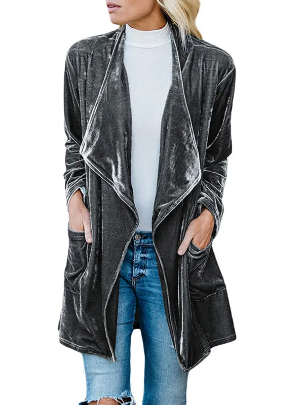 Alma Women's Casual Gold Velvet Mid-Length Trench Coat With Large Lapel