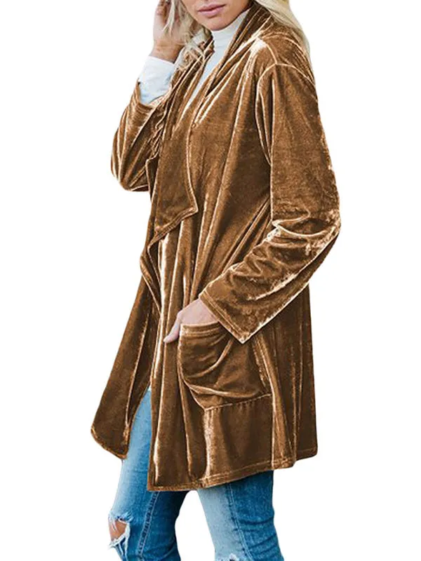 Alma Women's Casual Gold Velvet Mid-Length Trench Coat With Large Lapel