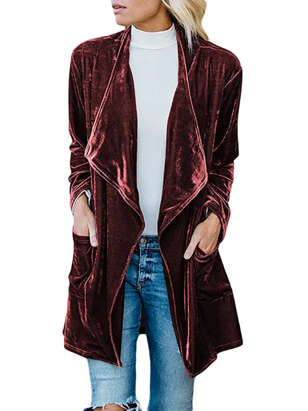 Alma Women's Casual Gold Velvet Mid-Length Trench Coat With Large Lapel