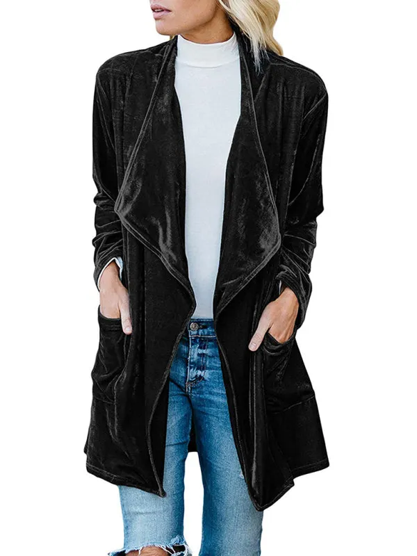 Alma Women's Casual Gold Velvet Mid-Length Trench Coat With Large Lapel
