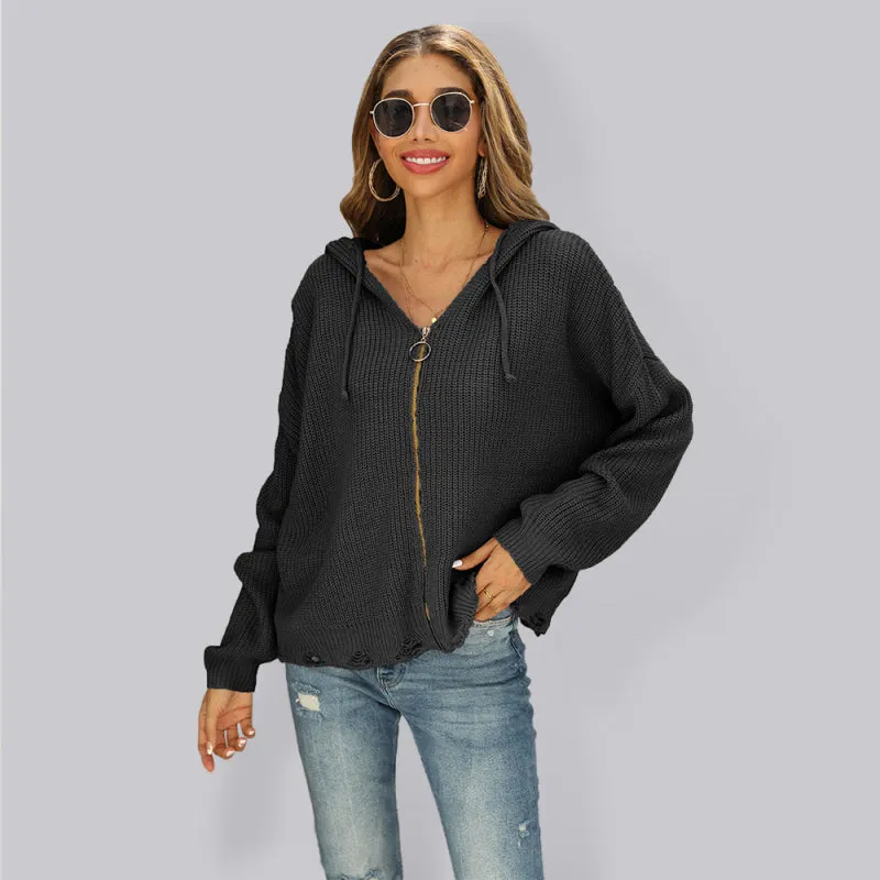 Alyson New Hooded Hole Cardigan Knitted Jacket Sweater