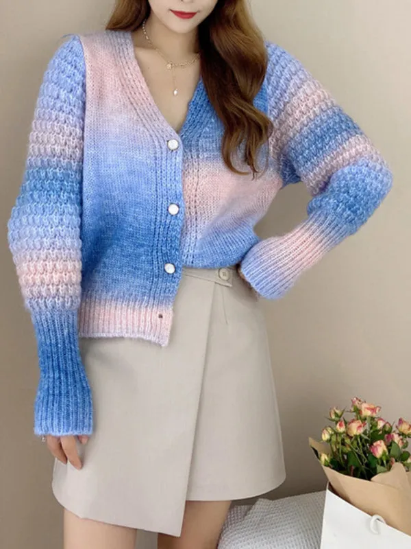 Amaya Rainbow Gradient Color Sweater Loose Lazy Long-Sleeved V-neck Knit Cardigan