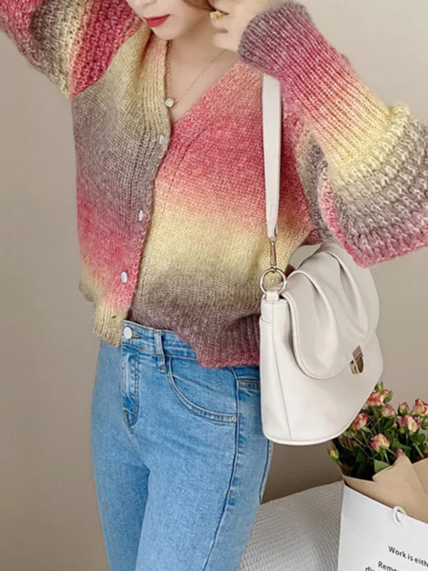 Amaya Rainbow Gradient Color Sweater Loose Lazy Long-Sleeved V-neck Knit Cardigan
