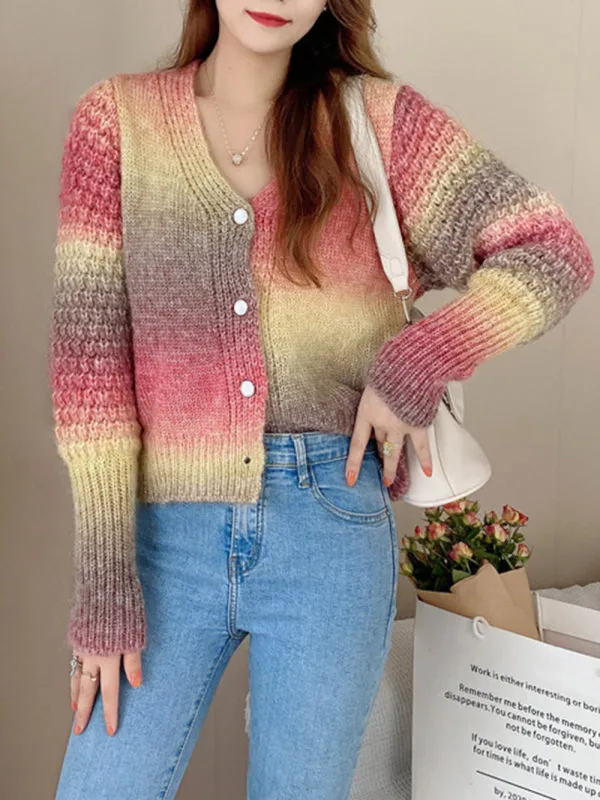 Amaya Rainbow Gradient Color Sweater Loose Lazy Long-Sleeved V-neck Knit Cardigan