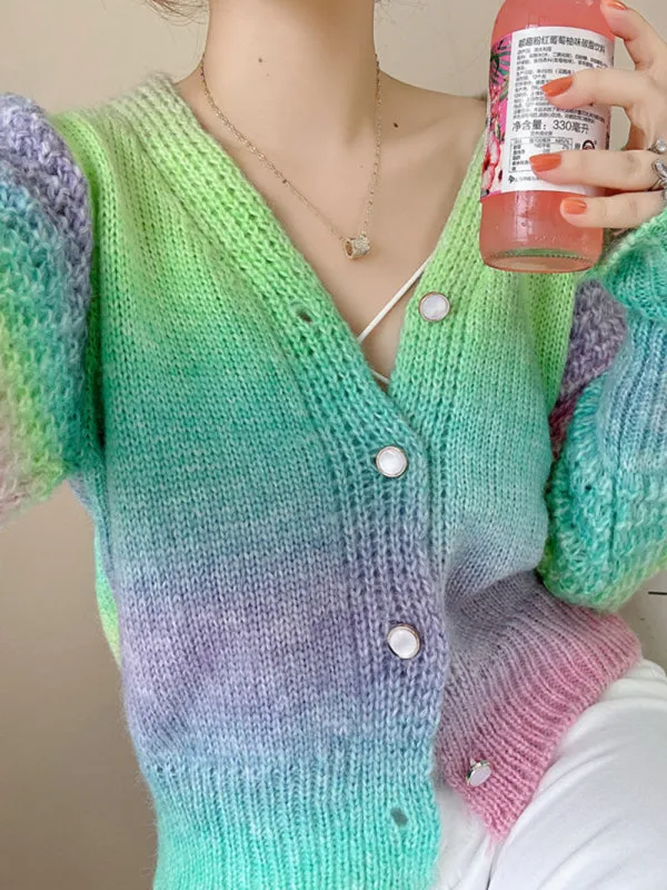 Amaya Rainbow Gradient Color Sweater Loose Lazy Long-Sleeved V-neck Knit Cardigan
