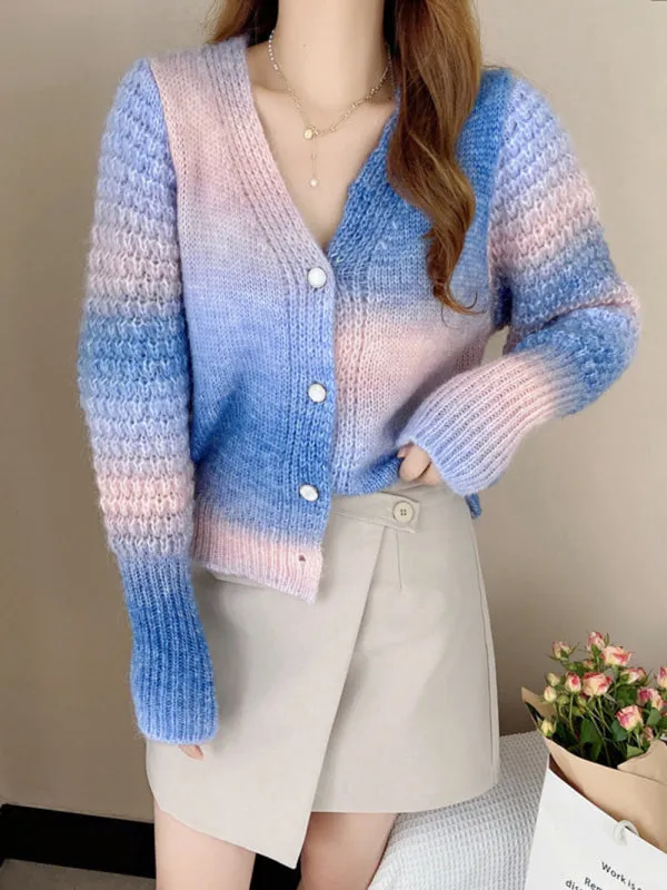 Amaya Rainbow Gradient Color Sweater Loose Lazy Long-Sleeved V-neck Knit Cardigan