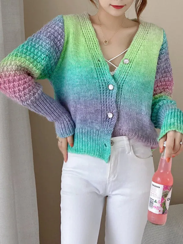 Amaya Rainbow Gradient Color Sweater Loose Lazy Long-Sleeved V-neck Knit Cardigan