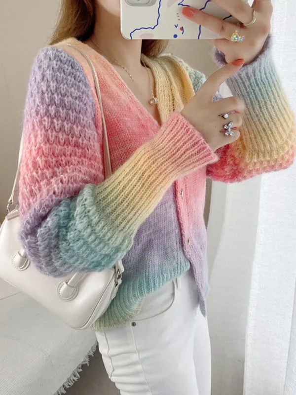 Amaya Rainbow Gradient Color Sweater Loose Lazy Long-Sleeved V-neck Knit Cardigan