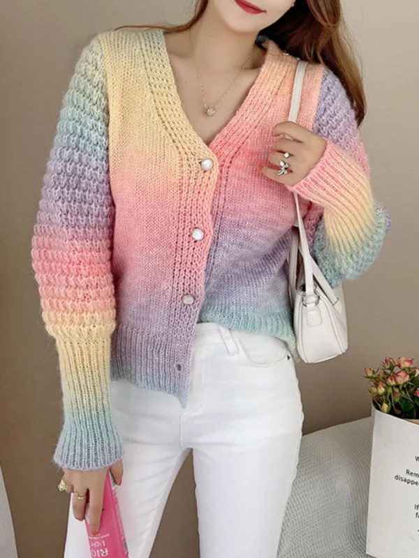 Amaya Rainbow Gradient Color Sweater Loose Lazy Long-Sleeved V-neck Knit Cardigan