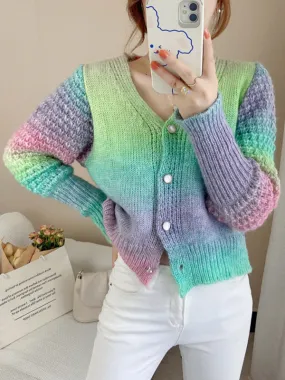 Amaya Rainbow Gradient Color Sweater Loose Lazy Long-Sleeved V-neck Knit Cardigan