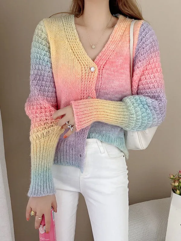 Amaya Rainbow Gradient Color Sweater Loose Lazy Long-Sleeved V-neck Knit Cardigan