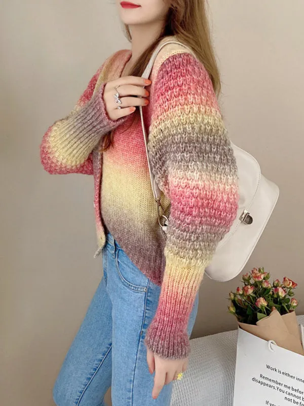 Amaya Rainbow Gradient Color Sweater Loose Lazy Long-Sleeved V-neck Knit Cardigan