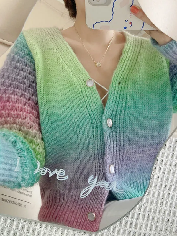 Amaya Rainbow Gradient Color Sweater Loose Lazy Long-Sleeved V-neck Knit Cardigan