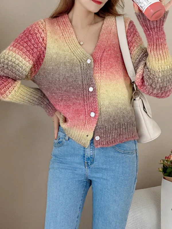 Amaya Rainbow Gradient Color Sweater Loose Lazy Long-Sleeved V-neck Knit Cardigan
