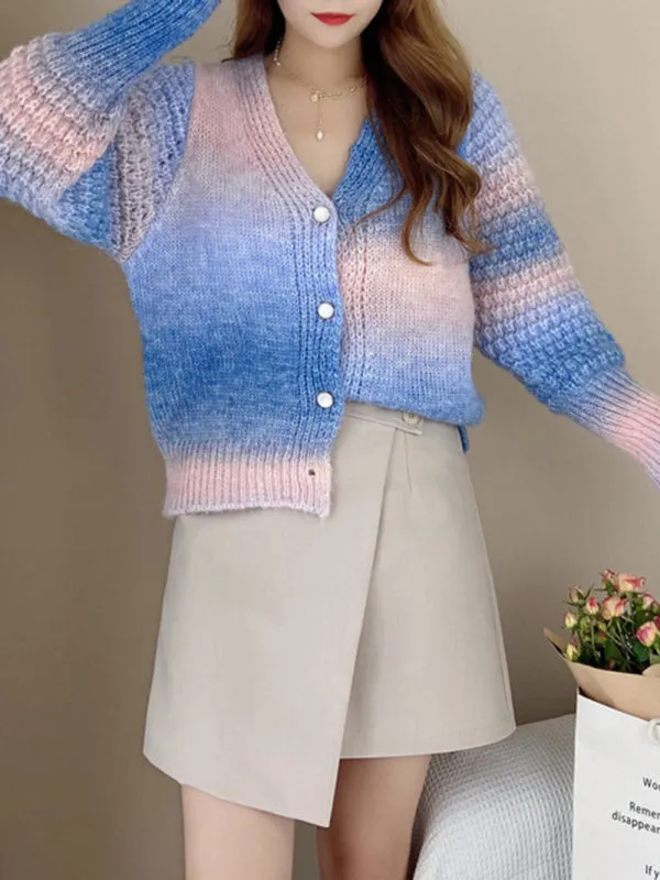 Amaya Rainbow Gradient Color Sweater Loose Lazy Long-Sleeved V-neck Knit Cardigan