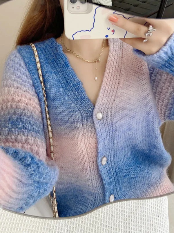 Amaya Rainbow Gradient Color Sweater Loose Lazy Long-Sleeved V-neck Knit Cardigan