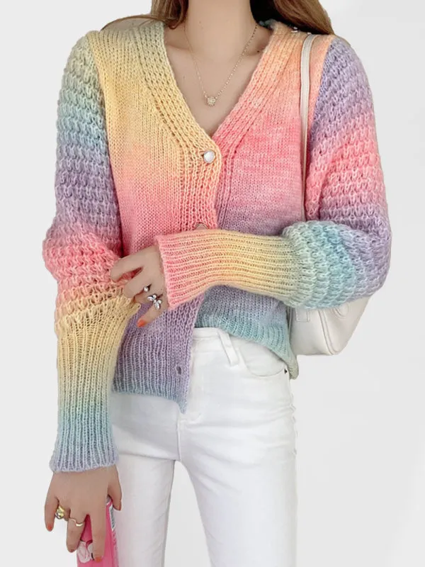 Amaya Rainbow Gradient Color Sweater Loose Lazy Long-Sleeved V-neck Knit Cardigan