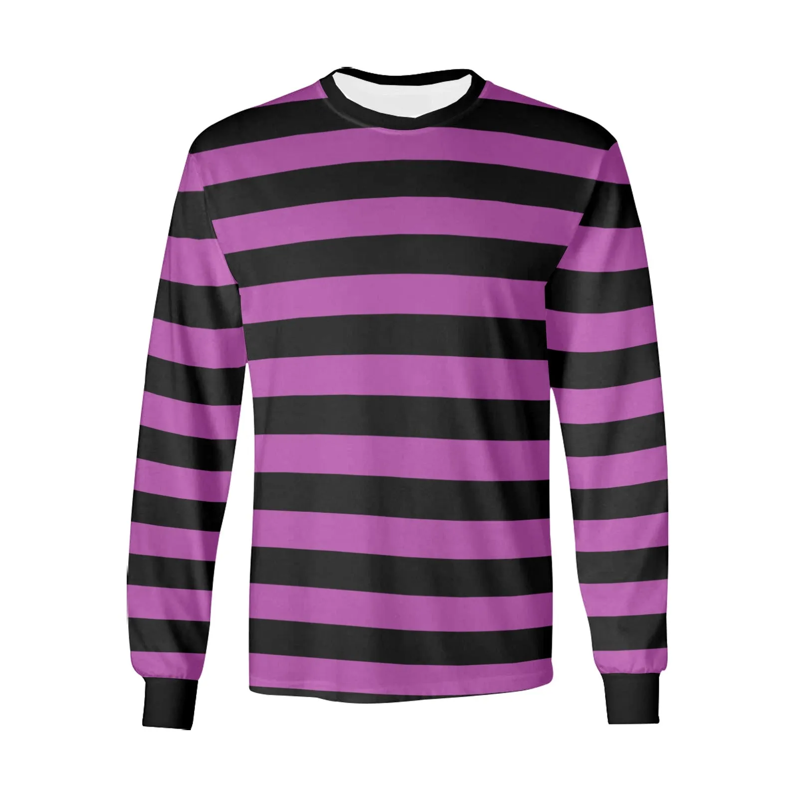 Black and Purple Striped Men Long Sleeve TShirt, Vintage Retro Stripe Costume Stripes Crewneck Unisex Women Designer Tee