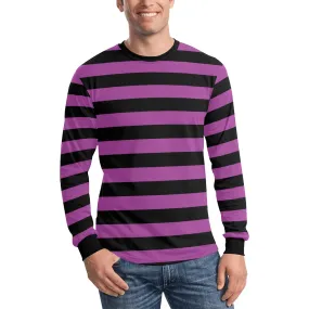 Black and Purple Striped Men Long Sleeve TShirt, Vintage Retro Stripe Costume Stripes Crewneck Unisex Women Designer Tee