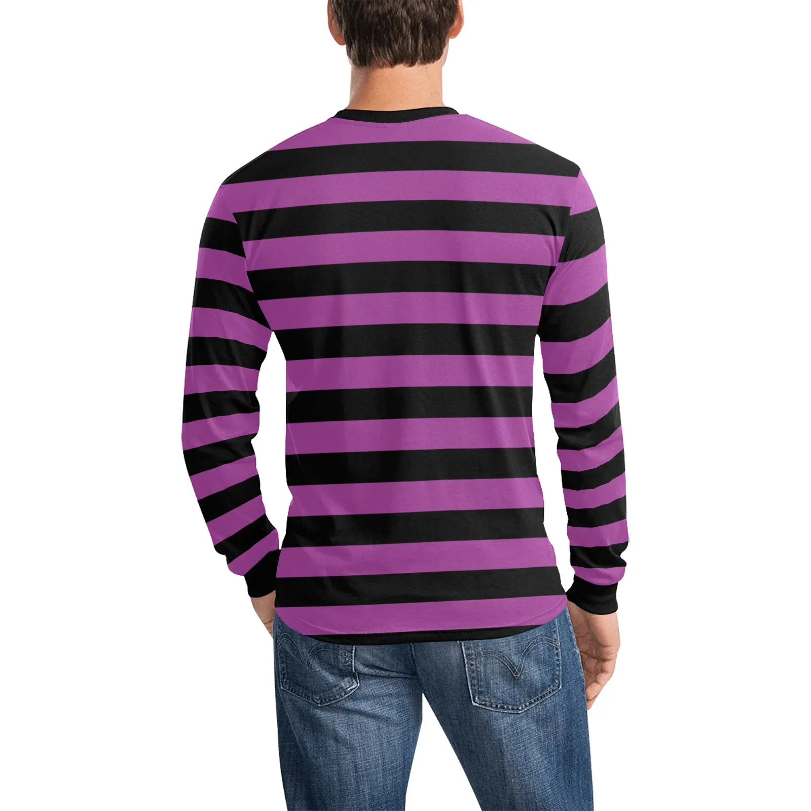 Black and Purple Striped Men Long Sleeve TShirt, Vintage Retro Stripe Costume Stripes Crewneck Unisex Women Designer Tee