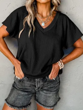 Black Crinkled V Neck Wide Sleeve Tee-Shirt with Breathable Fabric