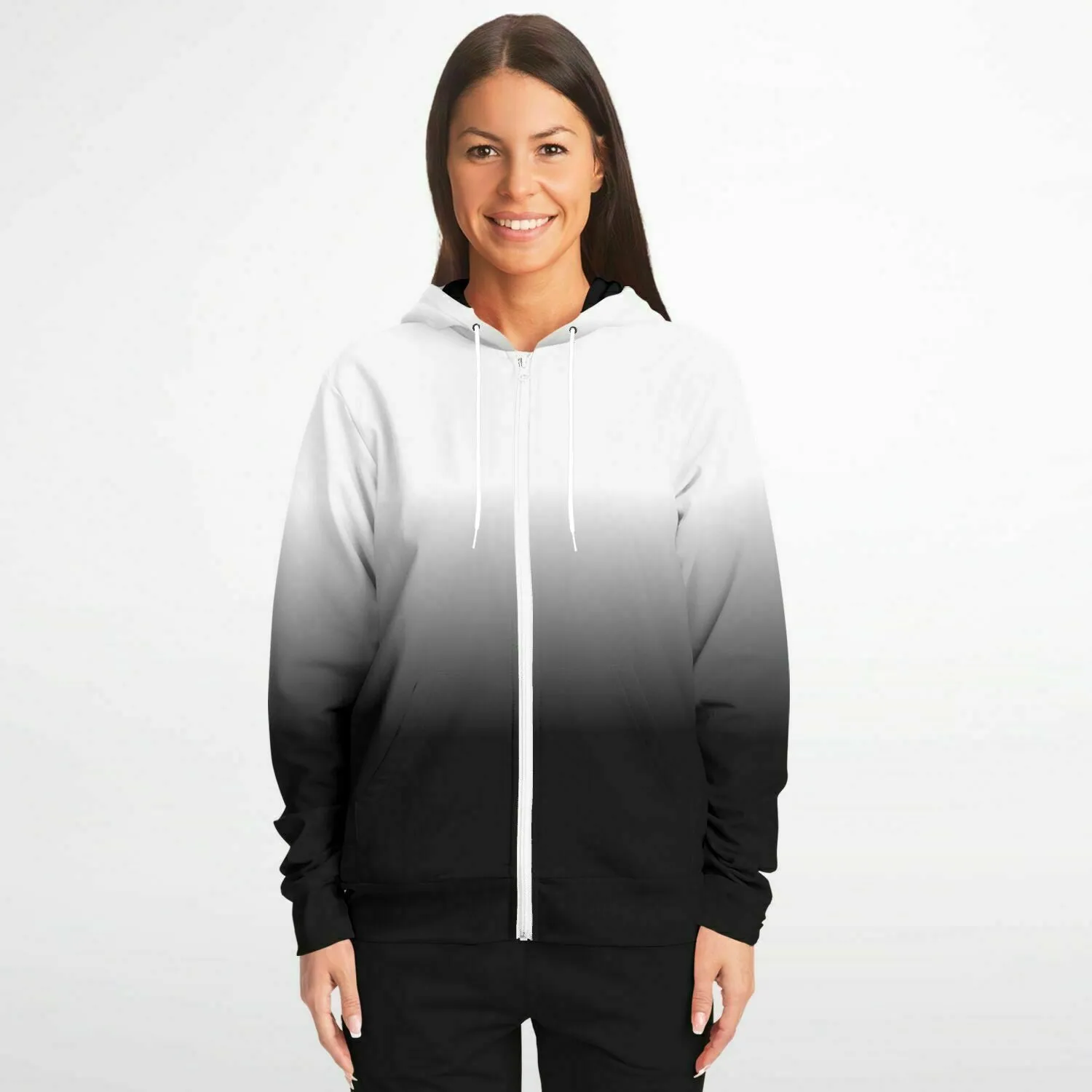 Black White Ombre Zip Up Hoodie, Gradient Tie Dye Zipper Pocket Men Women Unisex Adult Aesthetic Cotton Fleece Hooded Sweatshirt