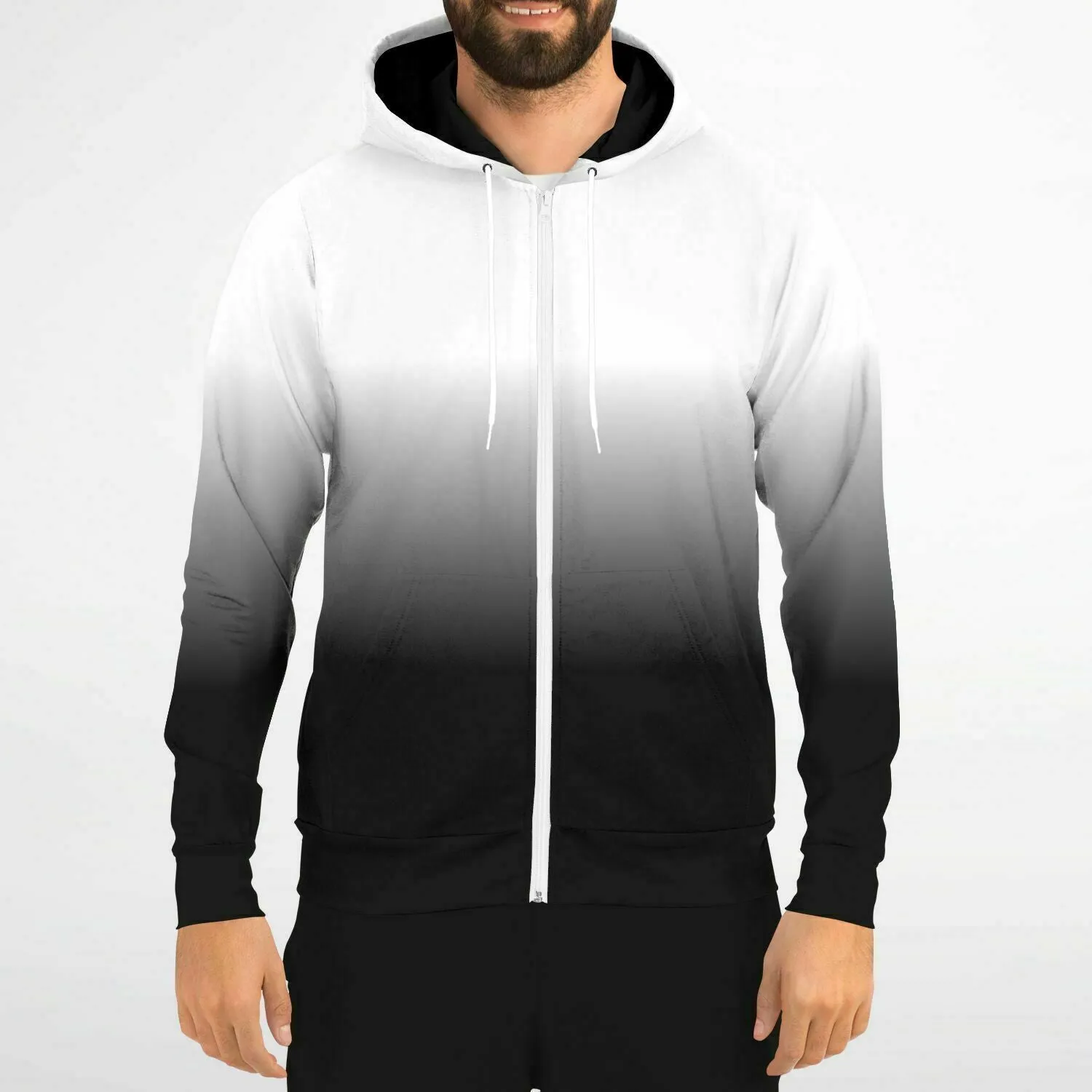 Black White Ombre Zip Up Hoodie, Gradient Tie Dye Zipper Pocket Men Women Unisex Adult Aesthetic Cotton Fleece Hooded Sweatshirt