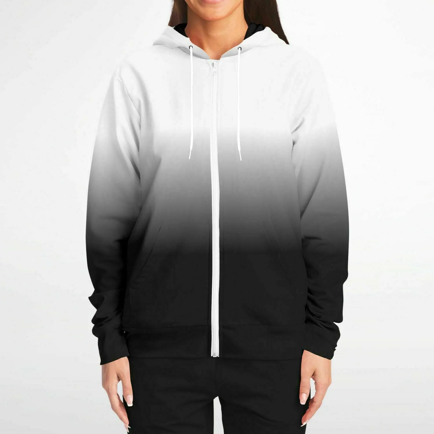 Black White Ombre Zip Up Hoodie, Gradient Tie Dye Zipper Pocket Men Women Unisex Adult Aesthetic Cotton Fleece Hooded Sweatshirt
