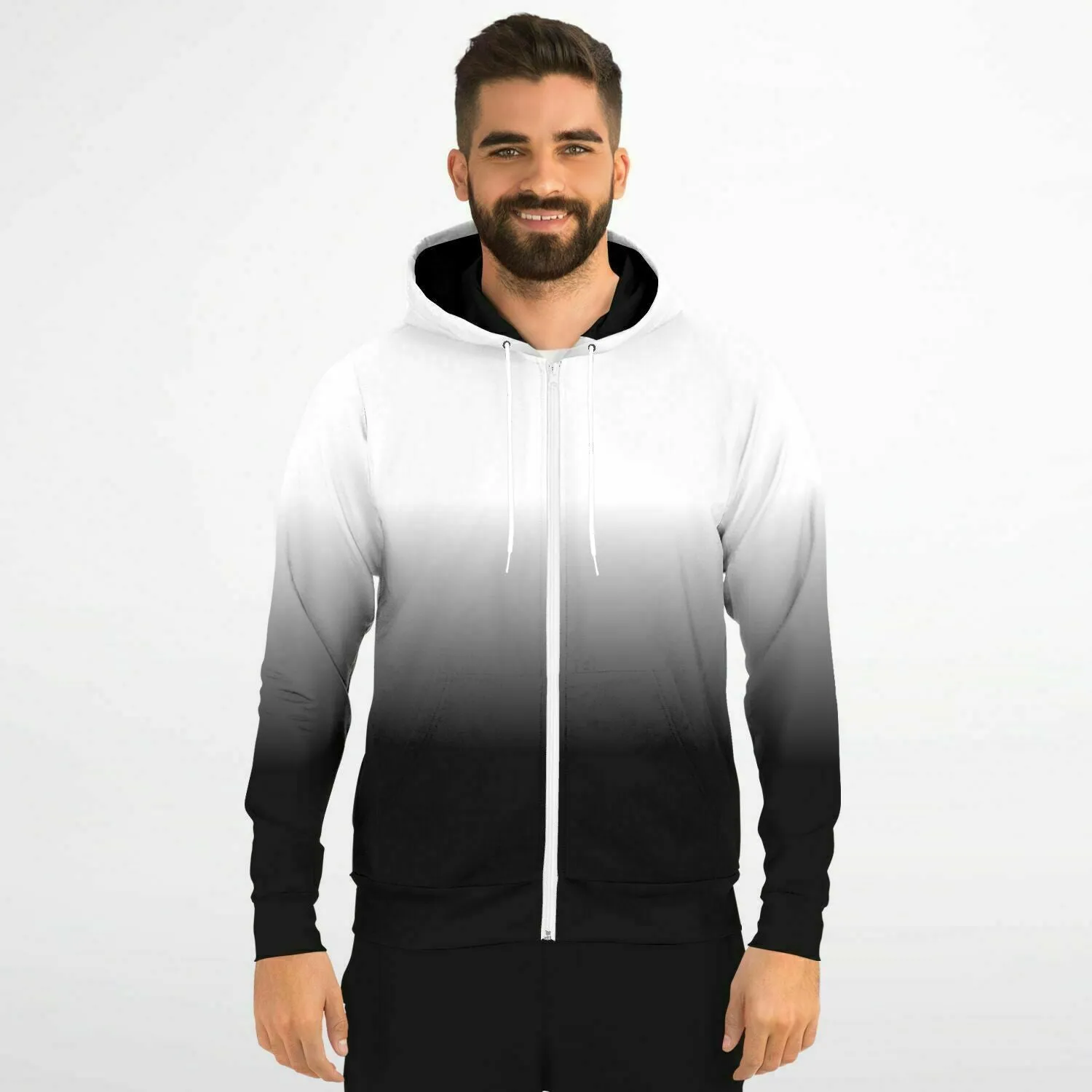 Black White Ombre Zip Up Hoodie, Gradient Tie Dye Zipper Pocket Men Women Unisex Adult Aesthetic Cotton Fleece Hooded Sweatshirt