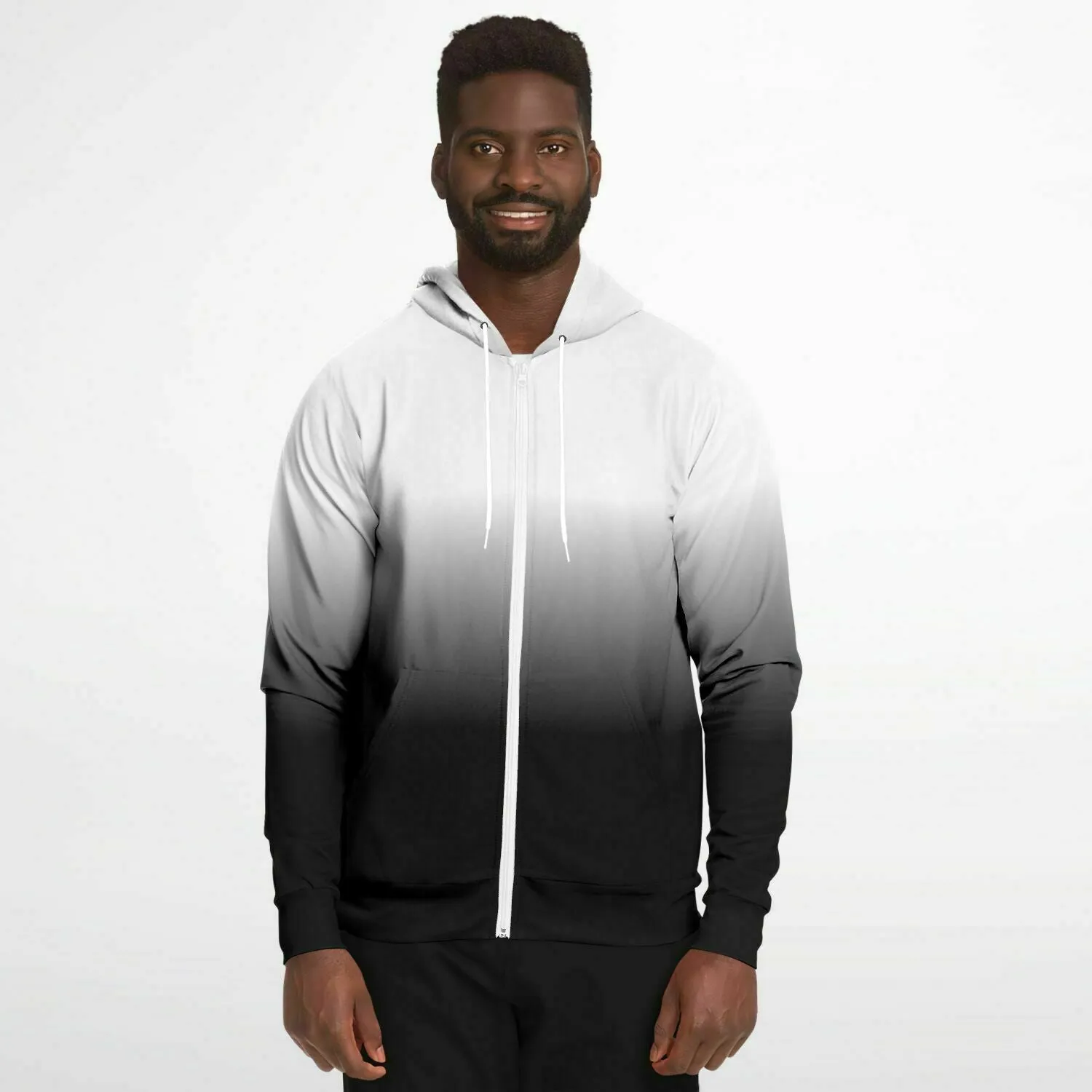 Black White Ombre Zip Up Hoodie, Gradient Tie Dye Zipper Pocket Men Women Unisex Adult Aesthetic Cotton Fleece Hooded Sweatshirt