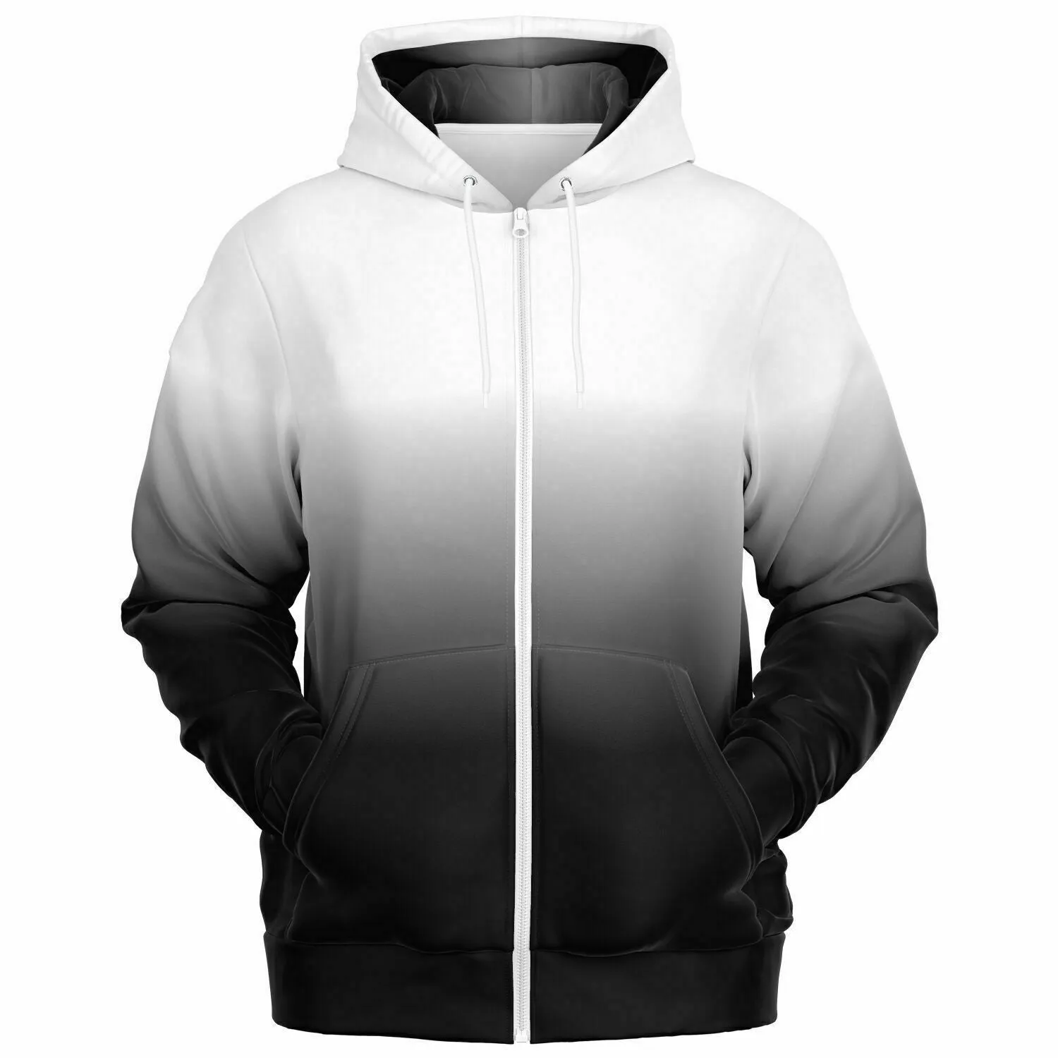 Black White Ombre Zip Up Hoodie, Gradient Tie Dye Zipper Pocket Men Women Unisex Adult Aesthetic Cotton Fleece Hooded Sweatshirt