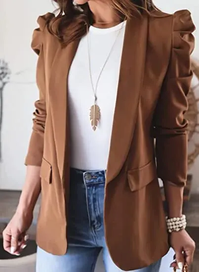 Blazer For Women Elegant Women's Puff Sleeve Jackets For Women Pocket Coats Casual Office Lady White Blazers