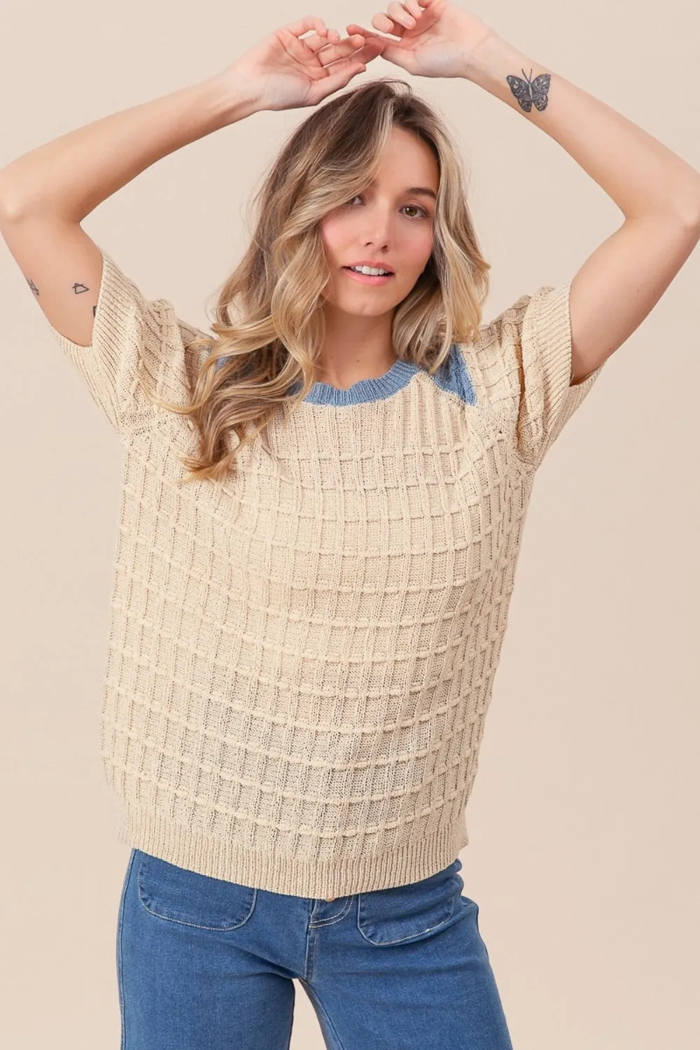 Blue Zone Planet |  BiBi Textured Contrast Short Sleeve Sweater