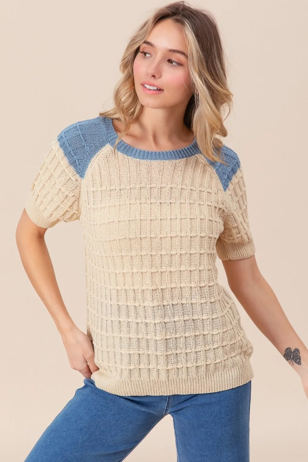 Blue Zone Planet |  BiBi Textured Contrast Short Sleeve Sweater