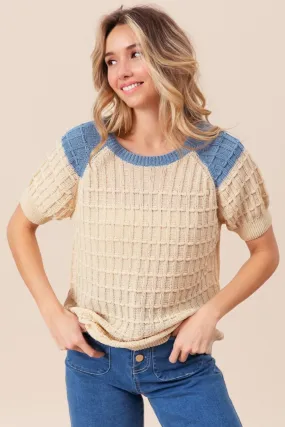 Blue Zone Planet |  BiBi Textured Contrast Short Sleeve Sweater