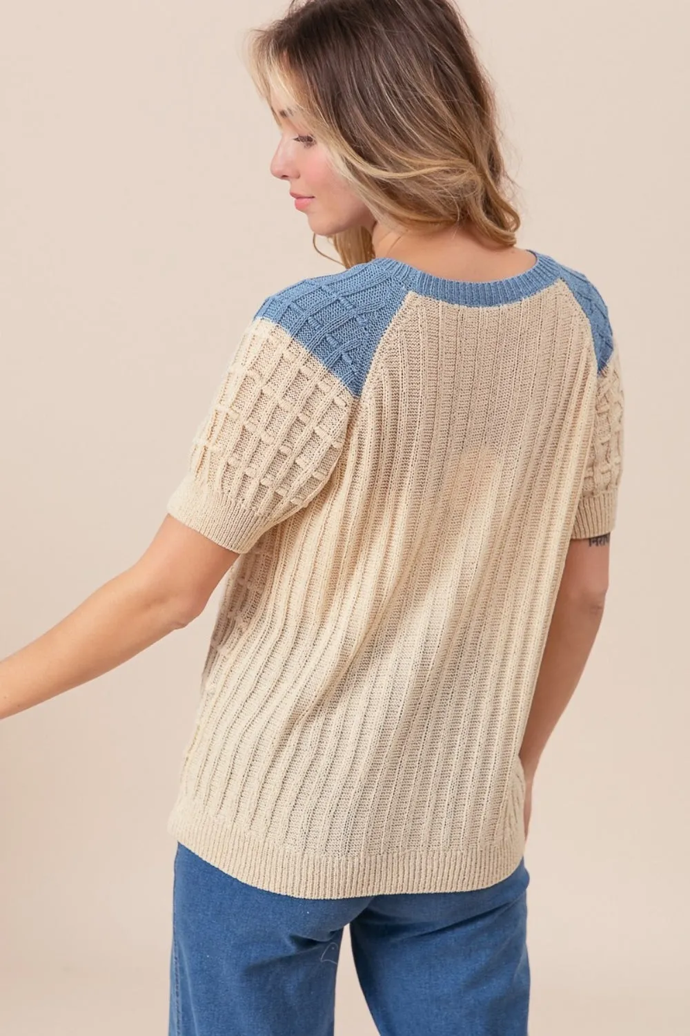 Blue Zone Planet |  BiBi Textured Contrast Short Sleeve Sweater