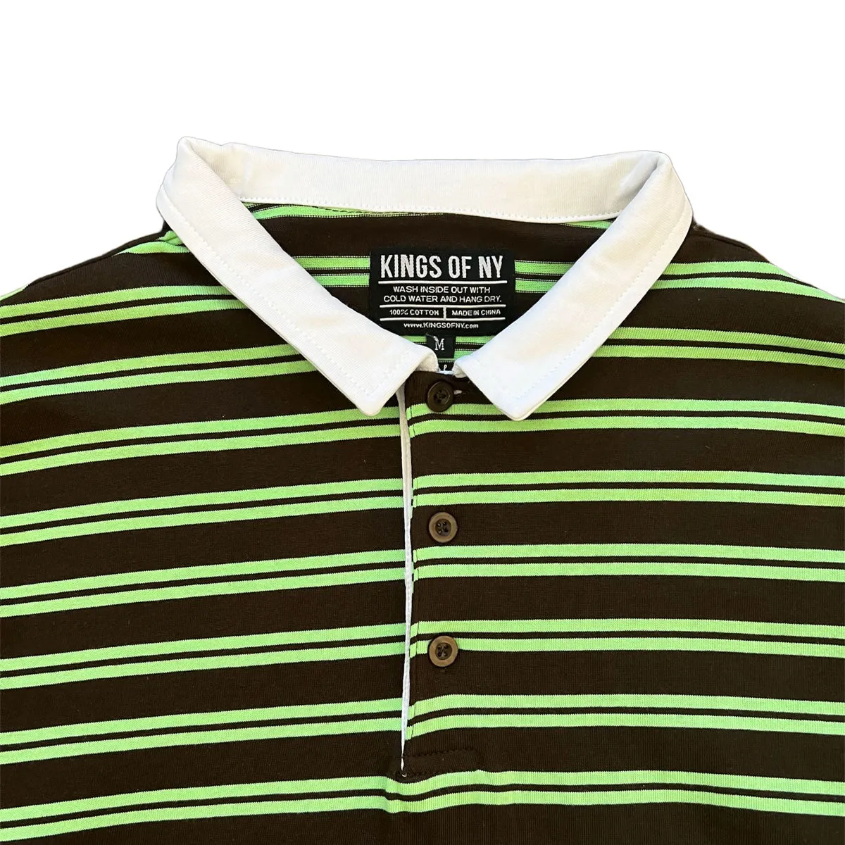 Brown And Lime Green Double Striped Mens Long Sleeve Rugby Shirt