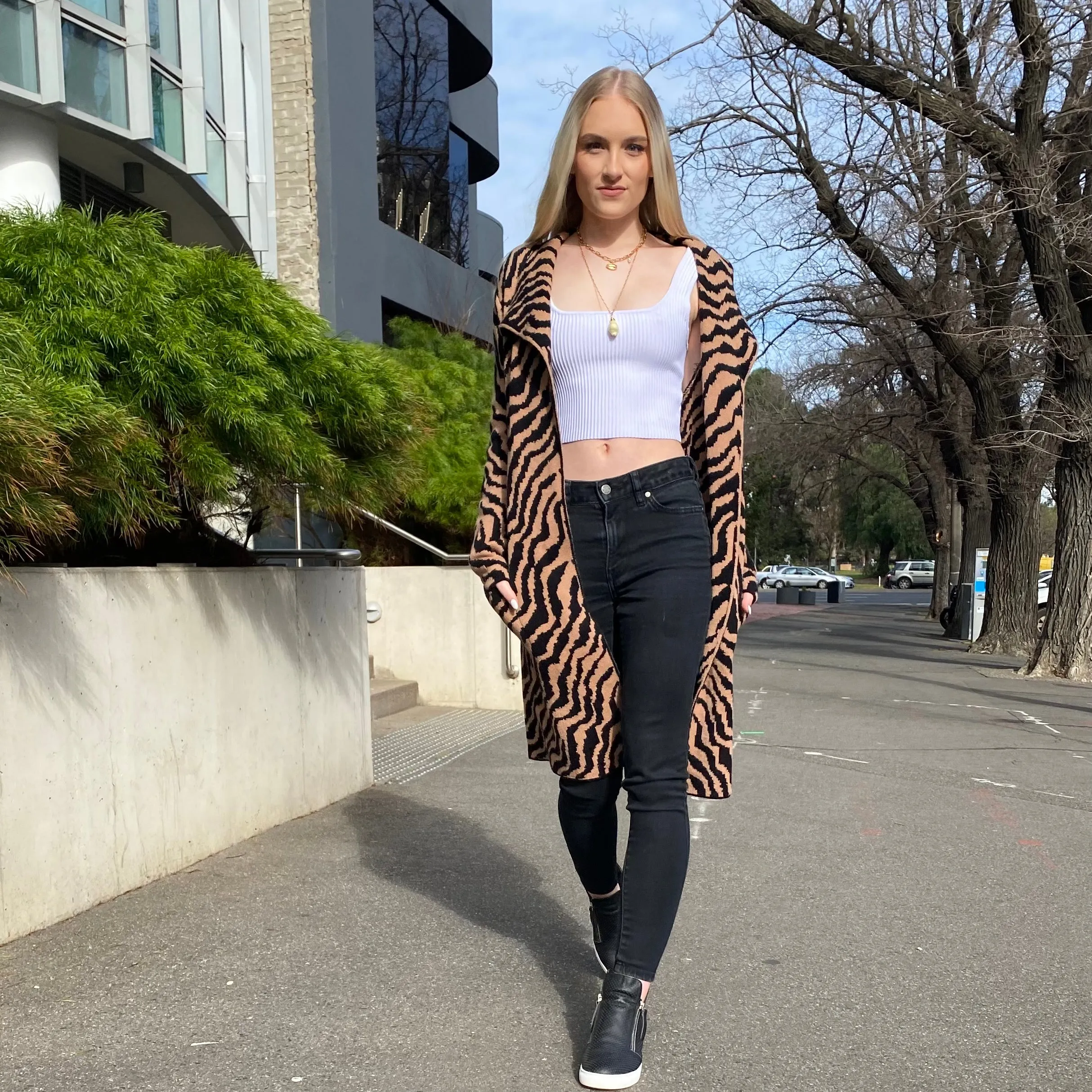 Cartel Long Knitted Tiger Print Cardigan
