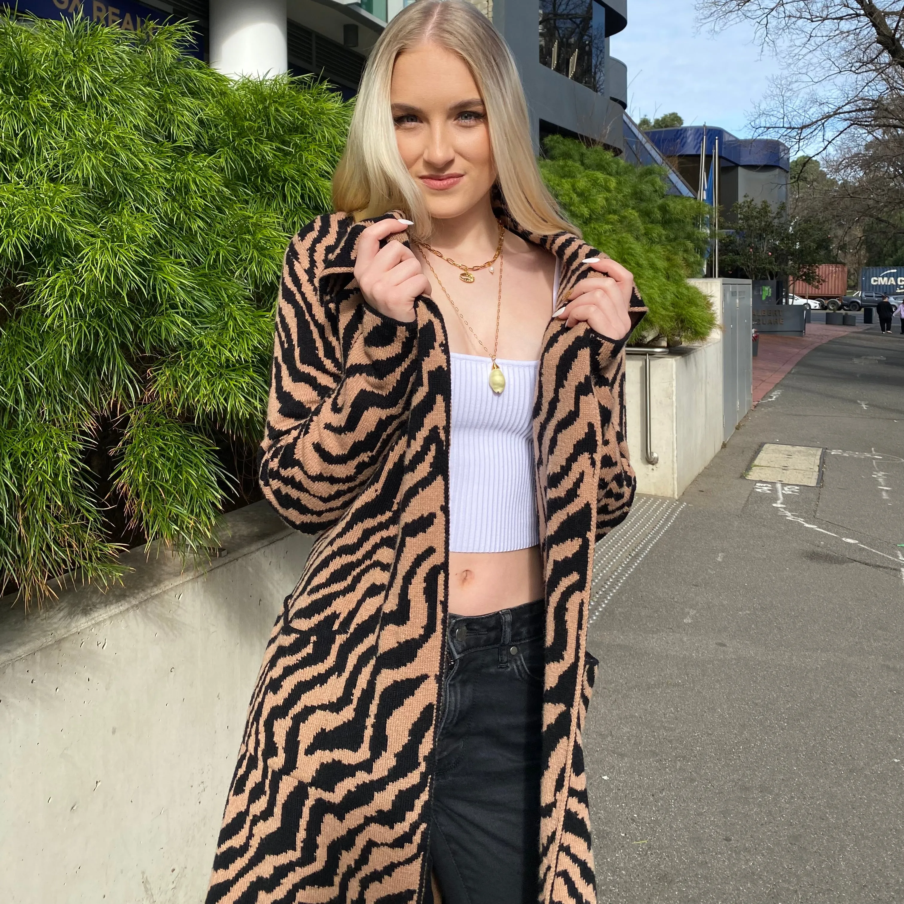 Cartel Long Knitted Tiger Print Cardigan